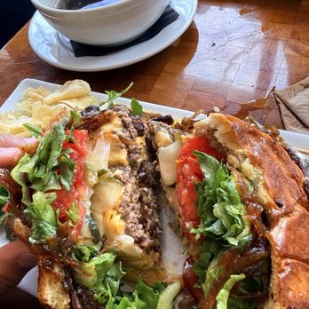 Maitland farm, kitchen & spirits - Wagyu burger cut in half - Salad Near Me - Salem, Massachusetts