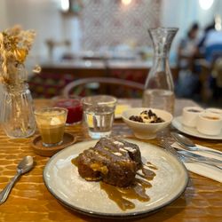 Colorova Patisserie - Brioche caramel French toast, apple compote, raspberry juice, coffee.