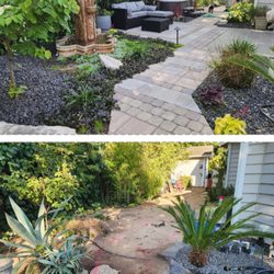 Before and after , pavers, water feature,  plants, trees, outdoor lighting