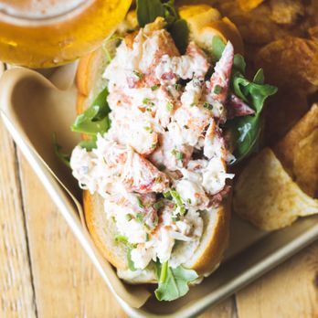 Copper Bottom Brewing - a lobster salad with chips and a beer - Breweries Near Me - Montague, Prince Edward Island