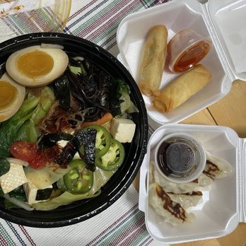 Aodake Ramen - Carryout vegetable ramen, with egg; Veggie Egg Rolls, and gyoza. Yum city! - Ramen Near Me - La Grange, Illinois