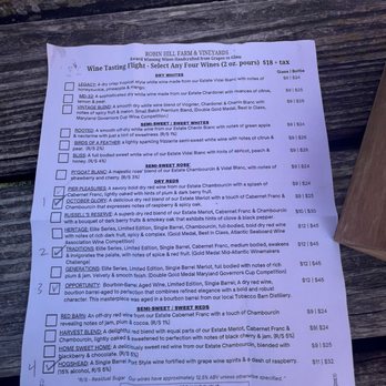Robin Hill Farm and Vineyard - Wine tasting flight menu - Venues & Event Spaces Near Me - Brandywine, Maryland