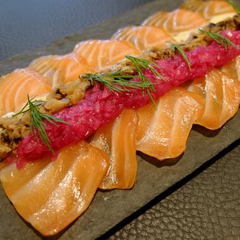 Sticks N Sushi - salmon sashimi with shiitake, dill, red onion and miso mustard mayonnaise - Sushi Bars Near Me - London, XGL Sticks N Sushi - salmon sashimi with shiitake, dill, red onion and miso mustard mayonnaise - Sushi Bars Near Me - London, XGL