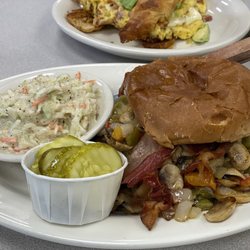 West End Diner - Works Burger-Cheddar cheese, mushrooms, peppers, & onions w/ bacon