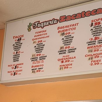 Taqueria Zacatecas - a menu on the wall - Mexican Near Me - Hesperia, California Taqueria Zacatecas - a menu on the wall - Mexican Near Me - Hesperia, California