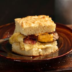 Great Biscuit & Spice - Breakfast sandwich!  Buttermilk biscuit with egg, cheese and either bacon or sausage!