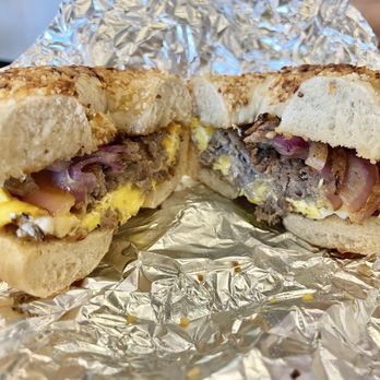 Best Bagel Shop - Steak n Egg sandwich ($12)-- tender meat, eggs, grilled onions, American cheese - Bagels Near Me - Houston, Texas Best Bagel Shop - Steak n Egg sandwich ($12)-- tender meat, eggs, grilled onions, American cheese - Bagels Near Me - Houston, Texas