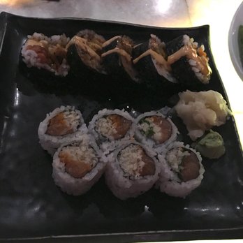 Raku - Volcano roll on top and spicy salmon on the bottom with tempura flakes. - Sushi Bars Near Me - Washington, DC, District of Columbia Raku - Volcano roll on top and spicy salmon on the bottom with tempura flakes. - Sushi Bars Near Me - Washington, DC, District of Columbia