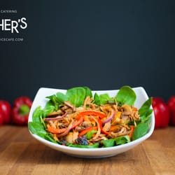 Mother's Eastside Kitchen - Chicken Catalonia: Grilled chicken, mushroom, onion, pepper, tomato, spinach, roasted red potato, sweet potato & romesco sauce