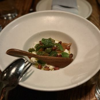 Rich Table - Burrata, Citron-Ginger Tapenade, Almond, with Douglas Fir "Garlic Bread" (not pictured) - New American Near Me - San Francisco, California
