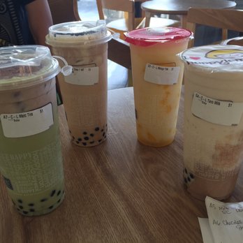 Happy Lemon - LtoR: A7 Matcha Latte Tiramisu with Salted Cheese w/Taro, A5 Milk Tea Oreo Tiramisu w/Taro, G3 Mango Yakult Smoothie and G4 Taro Milkshake. - Coffee & Tea Near Me - Union City, California Happy Lemon - LtoR: A7 Matcha Latte Tiramisu with Salted Cheese w/Taro, A5 Milk Tea Oreo Tiramisu w/Taro, G3 Mango Yakult Smoothie and G4 Taro Milkshake. - Coffee & Tea Near Me - Union City, California