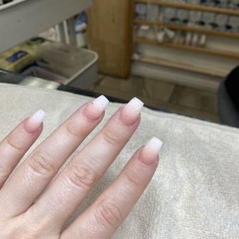 Edgy Nails & Spa - Pink & White ombré w/ glitter by Tracy. In process before clear coat - Nail Salons Near Me - Riverside, California Edgy Nails & Spa - Pink & White ombré w/ glitter by Tracy. In process before clear coat - Nail Salons Near Me - Riverside, California