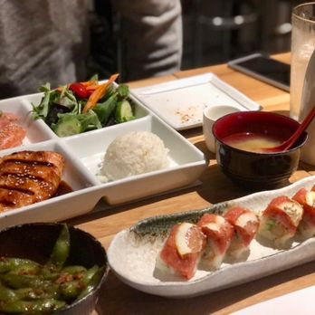 Studio Sushi - Dinner Combination with Salmon Teriyaki and assorted sushi, Lemon Roll, Garlic Edamame - Sushi Bars Near Me - Studio City, California Studio Sushi - Dinner Combination with Salmon Teriyaki and assorted sushi, Lemon Roll, Garlic Edamame - Sushi Bars Near Me - Studio City, California