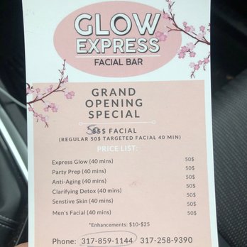 Glow Express - Menu of waxing and facial price points - Waxing Near Me - Greenwood, Indiana