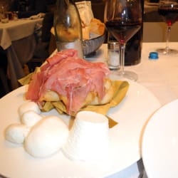 Amici Miei - Huge appetizer of mozzarella, buratta, ricotta, and fried pizza bread