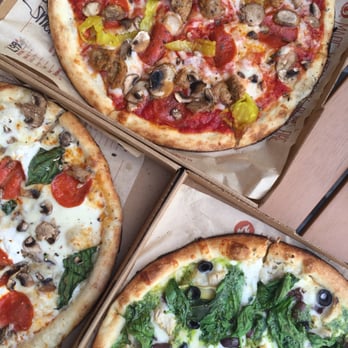 Blaze Pizza - White (Alfredo), Red (Marinara), and Green (Pesto) Pizzas - Pizza Near Me - Riverside, California