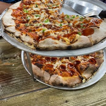Blue Skye Brewery & Eats - Top pizza is the Hot Honey, and pepperoni on the bottom. Loved both pies! - Pizza Near Me - Salina, Kansas