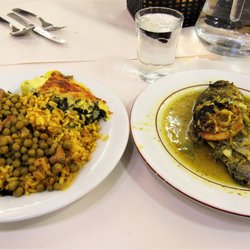 Amira - Baked Bream in Herb Sauce, Rice, Peas Stewed with Lamb and Spinach Au Gratin