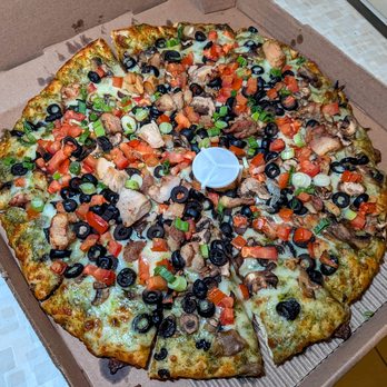 Mountain Mike's Pizza - Robbers Roost L pizza with pesto base sauce $31 - Pizza Near Me - Daly City, California