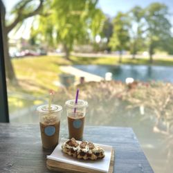 Banana latte, lavender latte and Nutella croffle