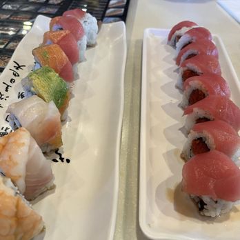 J Sushi Orange - Rainbow on California Roll left, tuna on spicy tuna right - Sushi Bars Near Me - Orange, California J Sushi Orange - Rainbow on California Roll left, tuna on spicy tuna right - Sushi Bars Near Me - Orange, California