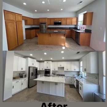 Iconic Floors & More - Full kitchen remodel with white shaker cabinets, calacatta white quartz countertops with glass subway tiles for the full backsplash. - Flooring Near Me - Hemet, California Iconic Floors & More - Full kitchen remodel with white shaker cabinets, calacatta white quartz countertops with glass subway tiles for the full backsplash. - Flooring Near Me - Hemet, California