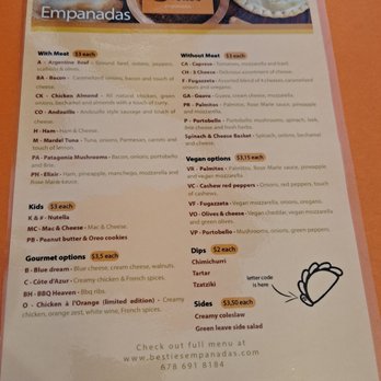 Besties - Front of the menu featuring the empanadas - Empanadas Near Me - Alpharetta, Georgia Besties - Front of the menu featuring the empanadas - Empanadas Near Me - Alpharetta, Georgia