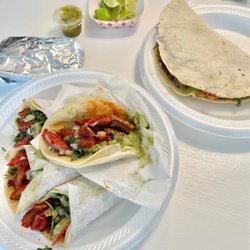 Tacos Lopez - Quesadilla de asada on corn tortilla, tacos del pastor on corn tortillas
