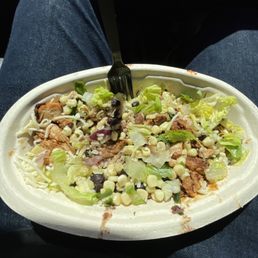 The bowl is BARELY filled up halfways. About 8 pieces of small chicken in the entire bowl. And half scoops of rice & beans.