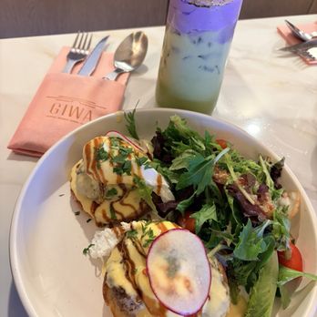 GIWA - Korean Palace Patty (w/Mixed Salad) & Uji Matcha Violet Cream Latte - Breakfast & Brunch Near Me - Santa Clara, California