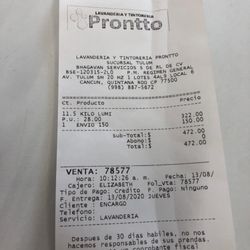 Lavandería y Tintorería Prontto - Reciept