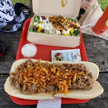 The Silo Restaurant - Footlong Haystack sans bacon (foreground) and chicken souvlaki salad (background) - Hot Dogs Near Me - Lewiston, New York The Silo Restaurant - Footlong Haystack sans bacon (foreground) and chicken souvlaki salad (background) - Hot Dogs Near Me - Lewiston, New York