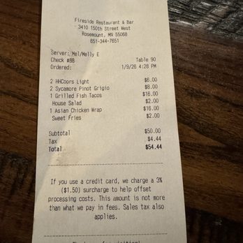 Fireside - Extremely cheap bill! - American Near Me - Rosemount, Minnesota