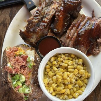 Bobby Q - Mesa - Two Meat Platter - ribs and brisket with a fully loaded backed potato and roasted corn - New American Near Me - Mesa, Arizona Bobby Q - Mesa - Two Meat Platter - ribs and brisket with a fully loaded backed potato and roasted corn - New American Near Me - Mesa, Arizona