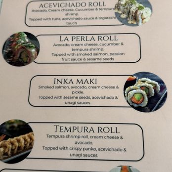 La Perla - Back of the Chifa menu: they have sushi too!! Have not tried it yet. - Seafood Near Me - Weston, Florida La Perla - Back of the Chifa menu: they have sushi too!! Have not tried it yet. - Seafood Near Me - Weston, Florida