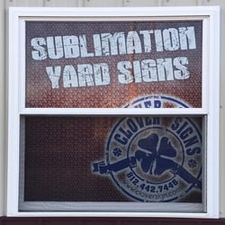 Clover Signs - Window Perforation in our building. Perforated Vinyl material that looks great from the outside, but is almost invisible from the inside.