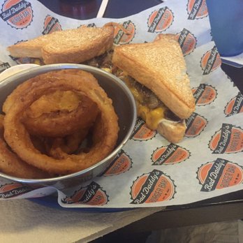 Bad Daddys Burger Bar - Patty Melt on Texas Toast w/ Onion Rings - Burgers Near Me - Chamblee, Georgia