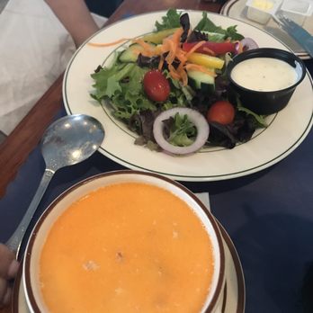 Hobbs Harborside - House salad and lobster stew - Seafood Near Me - Wells, Maine Hobbs Harborside - House salad and lobster stew - Seafood Near Me - Wells, Maine