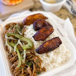 Rincon Cubano - To-Go order, Ropa Vieja with white rice, plantains and black beans on the side with a side of mojo sauce