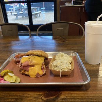 Hurtado Barbecue - Smoked beef & cheddar sandwich with Baked Potato Salad - Barbeque Near Me - Arlington, Texas Hurtado Barbecue - Smoked beef & cheddar sandwich with Baked Potato Salad - Barbeque Near Me - Arlington, Texas