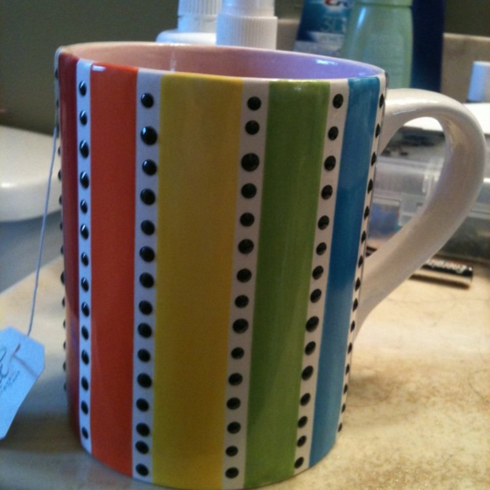 Petroglyph Ceramic Lounge - Rainbow mug with black puff paint dots. - Paint-Your-Own Pottery Near Me - Los Gatos, California Petroglyph Ceramic Lounge - Rainbow mug with black puff paint dots. - Paint-Your-Own Pottery Near Me - Los Gatos, California