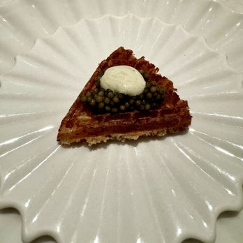 Geranium - Oscietra "Gold" Cavier, waffle with potato & beech nut, sour cream with pickled walnut leaves.  Geranium, Copenhagen. - Scandinavian Near Me - Copenhagen, 84