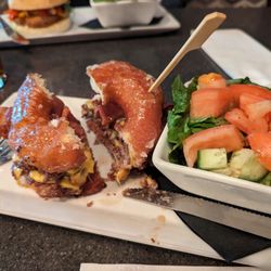 Burger Don - Bacon cheeseburger on a donut, with side salad.