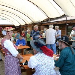 Forts Folle Avoine Historic Park - Volunteers and visitors enjoying the wild rice pancake breakfast (once per month during larger events).