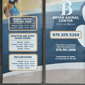 Bryan Animal Center - Hours of operations as of August 2024 - Animal Shelters Near Me - Bryan, Texas Bryan Animal Center - Hours of operations as of August 2024 - Animal Shelters Near Me - Bryan, Texas