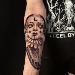 Black Hive Ink and Arts - Black & Grey Clown Girl by Violeta @violetattooist