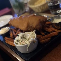 Fish and chips with sweet potato fries and coleslaw