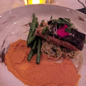 Vintage Chophouse and Tavern - Pan Roasted Icelandic Cod with spaghetti squash, roasted yam puree and green beans - Steakhouses Near Me - Calgary, Alberta Vintage Chophouse and Tavern - Pan Roasted Icelandic Cod with spaghetti squash, roasted yam puree and green beans - Steakhouses Near Me - Calgary, Alberta