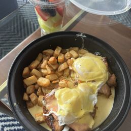 Norwegian Eggs Benedict-Your Way and side of fruit Norwegian Eggs Benedict-Your Way and side of fruit