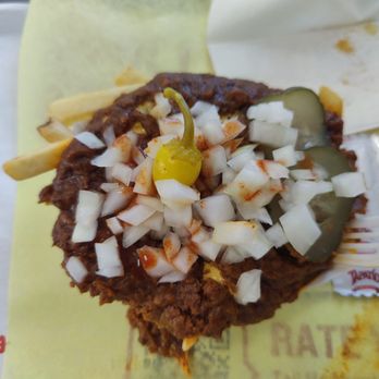 Original Tommy's - Chili cheese fries with banana peppers, pickles and chopped onions! - Burgers Near Me - Monrovia, California Original Tommy's - Chili cheese fries with banana peppers, pickles and chopped onions! - Burgers Near Me - Monrovia, California
